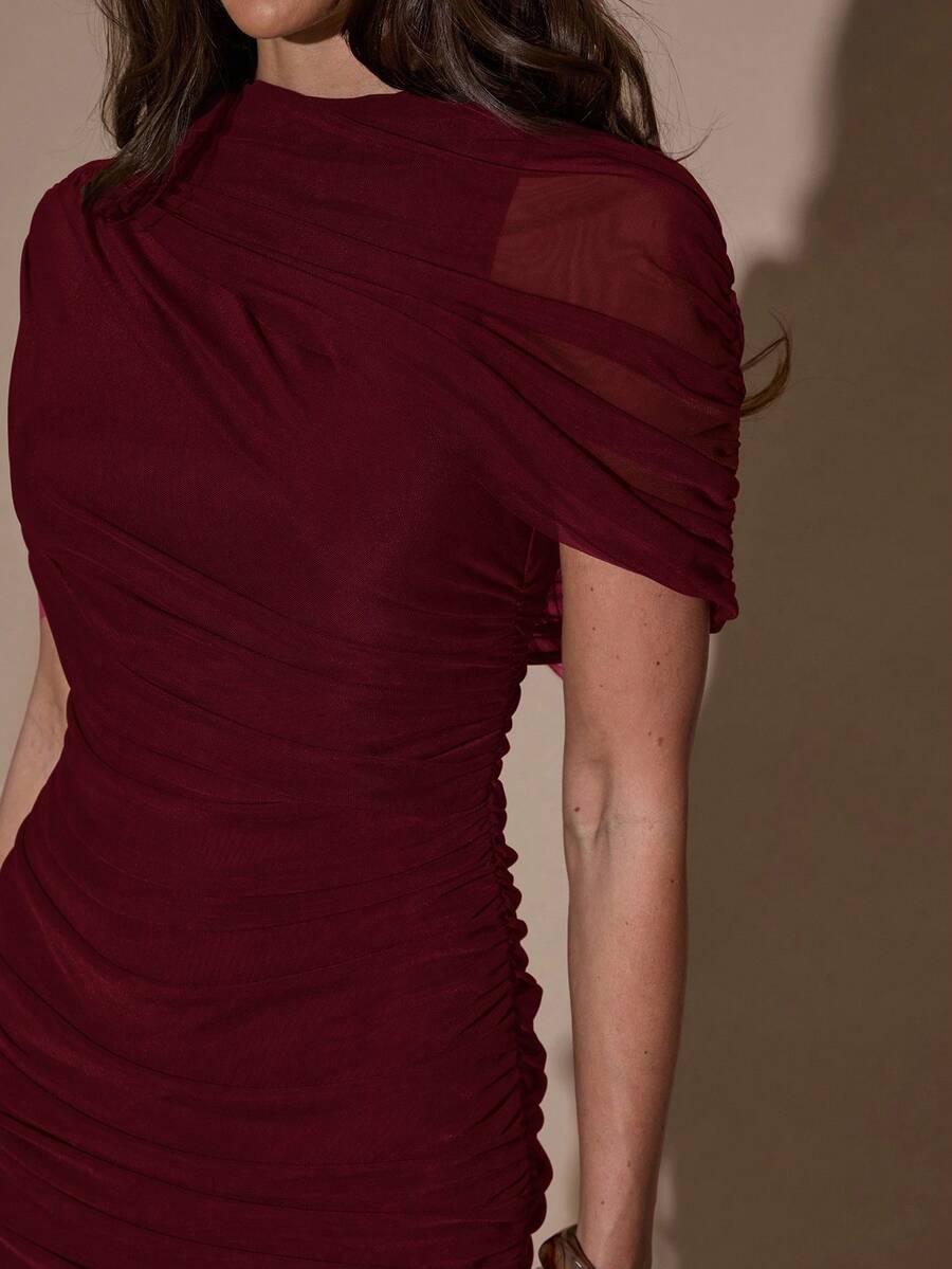 SHEIN BAE فستان بودي كون مطوي أنيق بلون عنابي