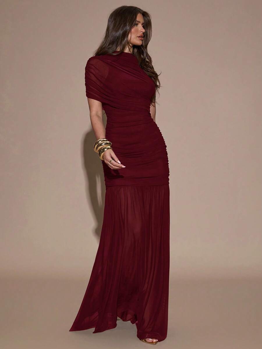 SHEIN BAE فستان بودي كون مطوي أنيق بلون عنابي