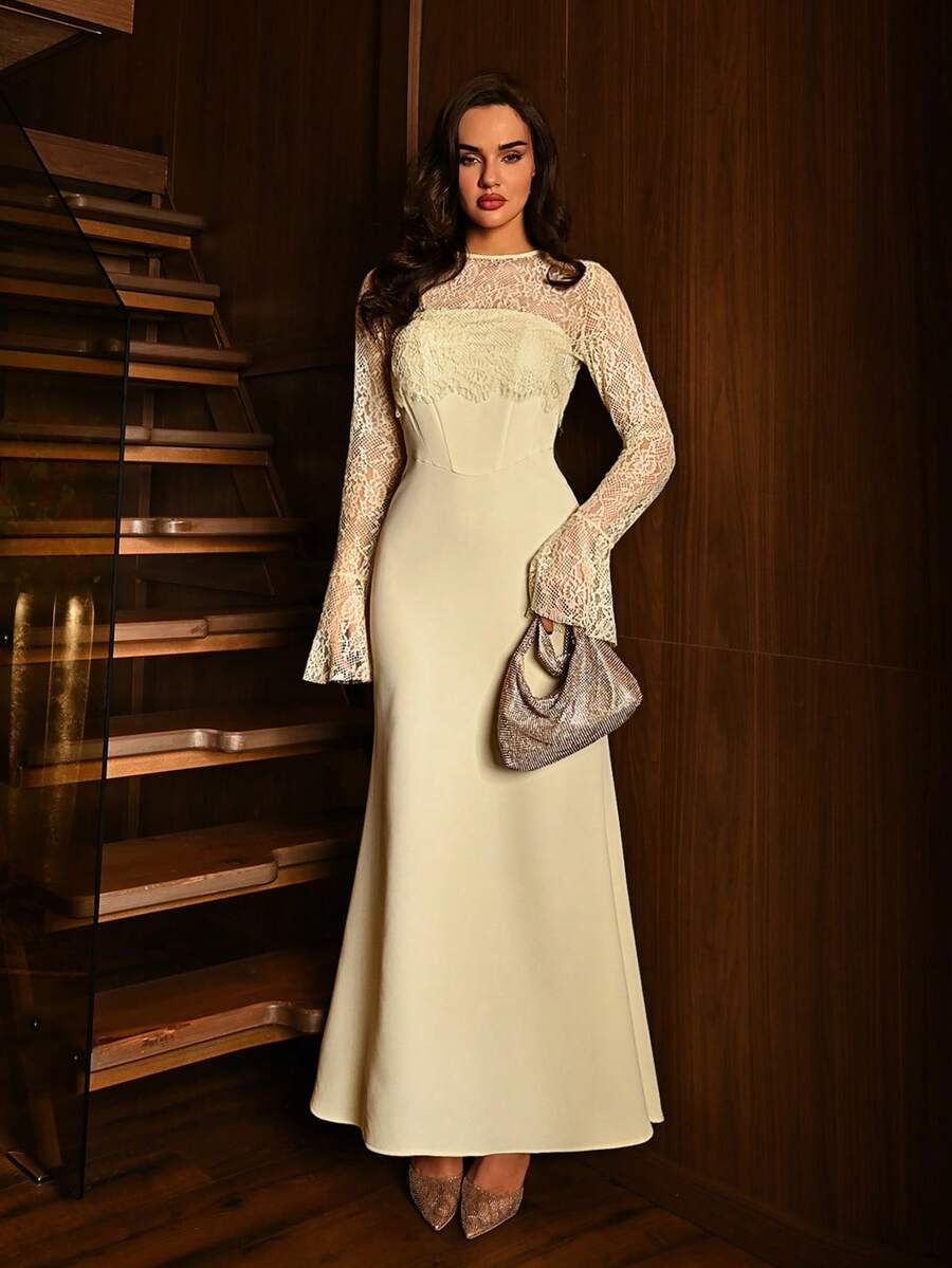 SHEIN Modelyn فستان أصفر طويل بدون أكتاف مزين بالدانتيل