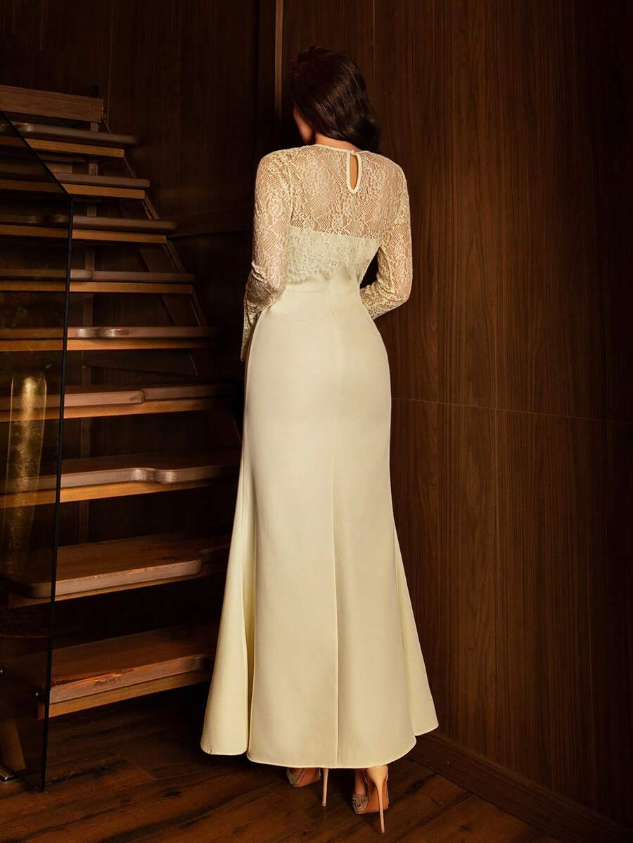 SHEIN Modelyn فستان أصفر طويل بدون أكتاف مزين بالدانتيل