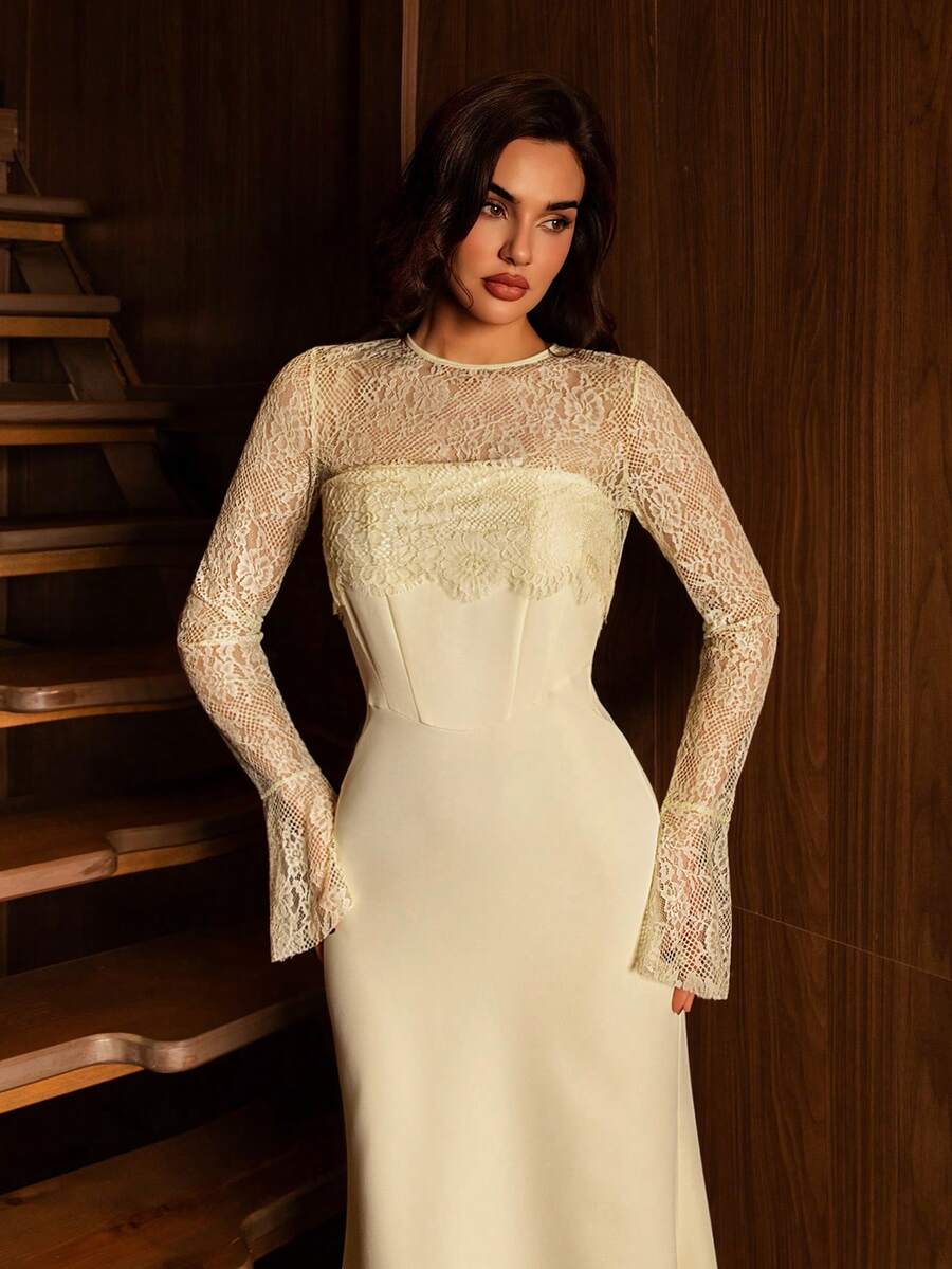 SHEIN Modelyn فستان أصفر طويل بدون أكتاف مزين بالدانتيل