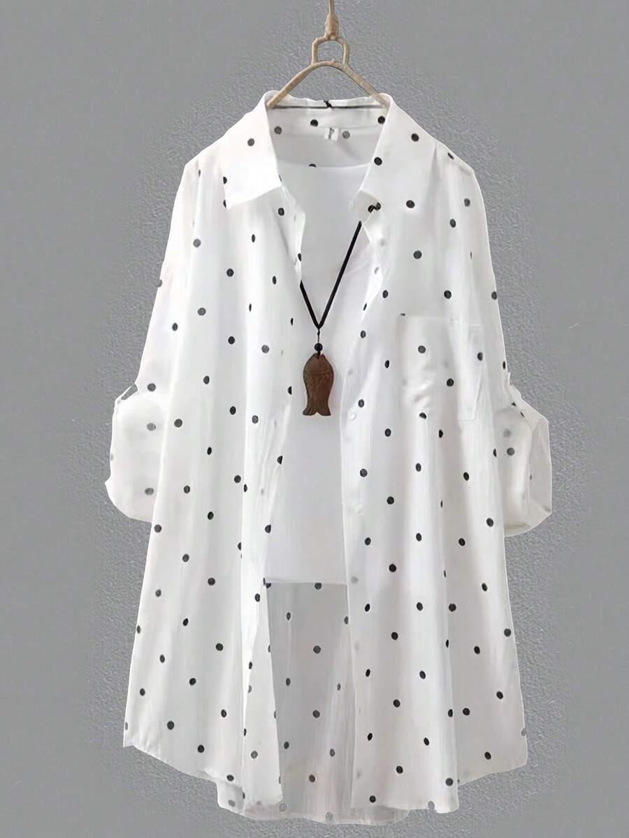 SHEIN قميص أبيض منقط بياقة وأكمام طويلة مع جيب أمامي وأزرار