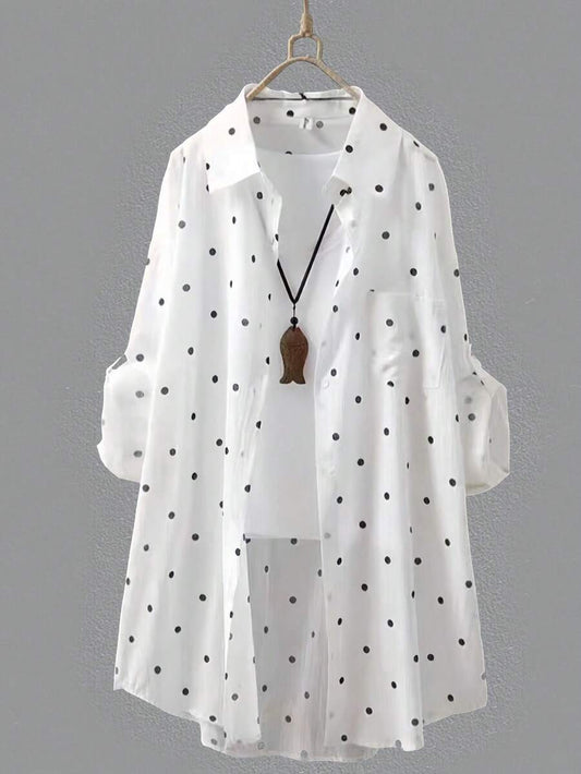 SHEIN قميص أبيض منقط بياقة وأكمام طويلة مع جيب أمامي وأزرار