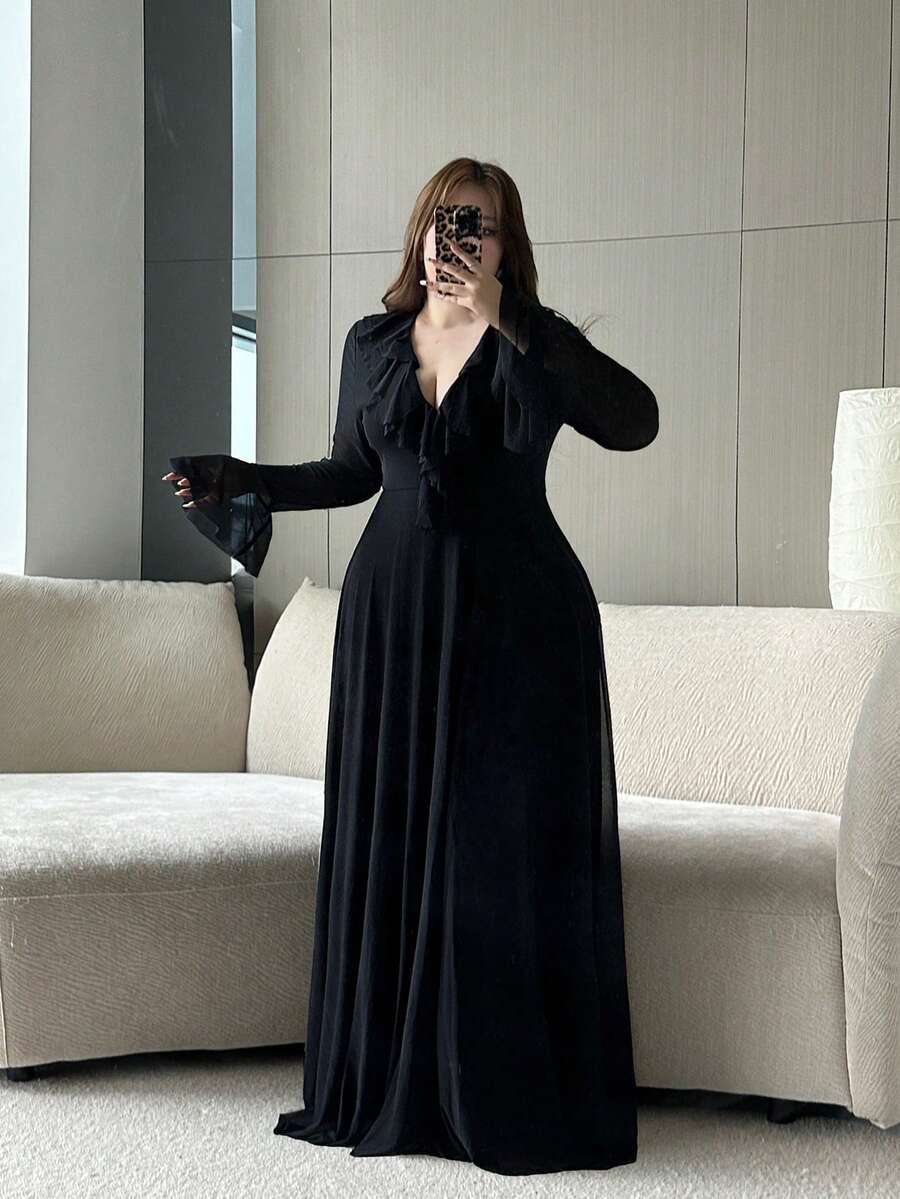 SHEIN Vibekara فستان أسود للمقاسات الكبيرة بأكمام طويلة شفافة