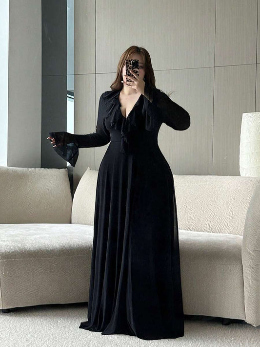 SHEIN Vibekara فستان أسود للمقاسات الكبيرة بأكمام طويلة شفافة