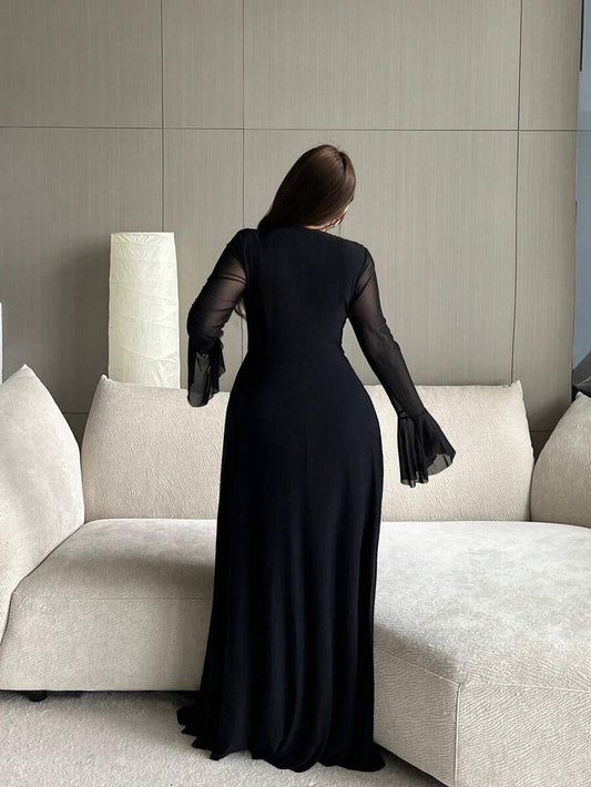 SHEIN Vibekara فستان أسود للمقاسات الكبيرة بأكمام طويلة شفافة