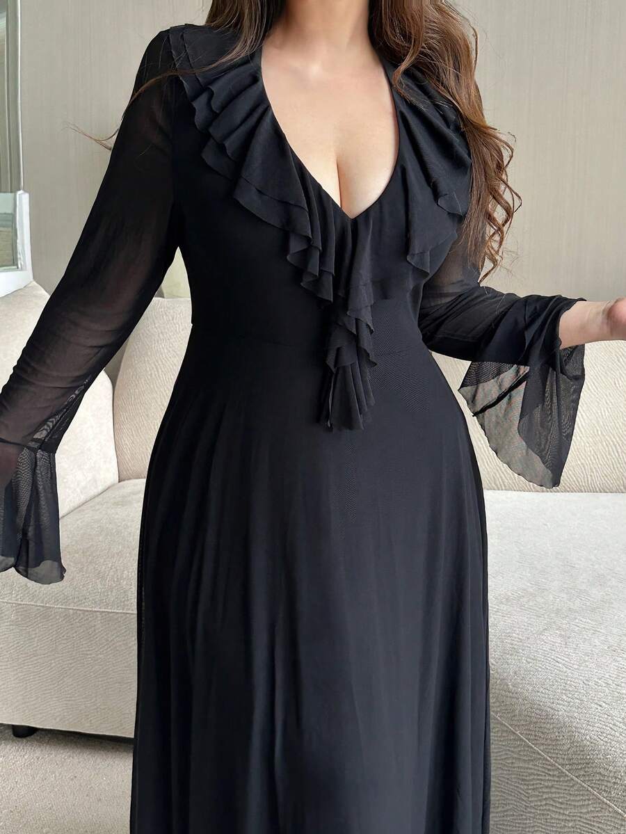 SHEIN Vibekara فستان أسود للمقاسات الكبيرة بأكمام طويلة شفافة