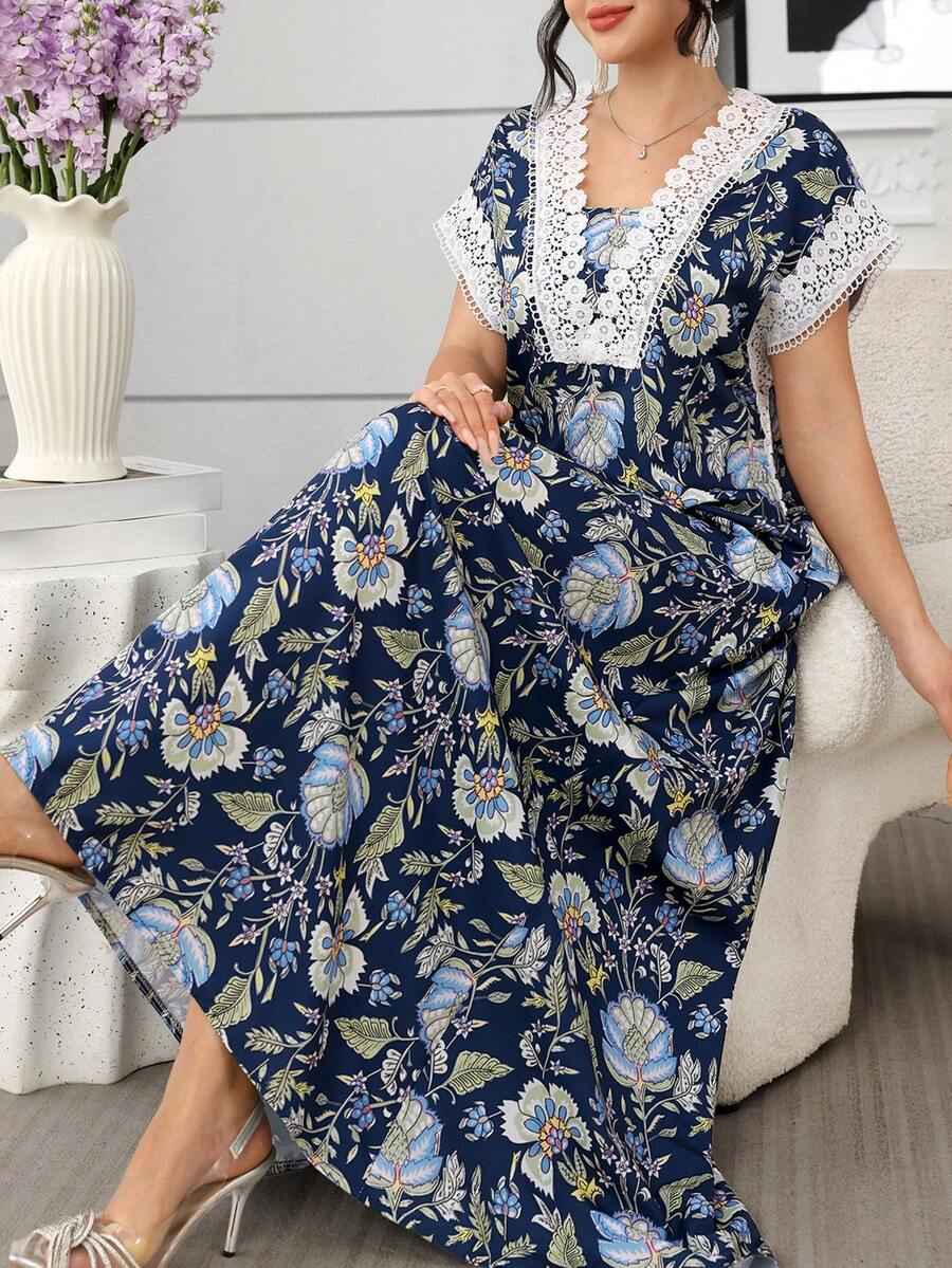 SHEIN Lacomfia فستان بأكمام طويلة بطباعة زهرية ودانتيل  بلون أزرق بحري