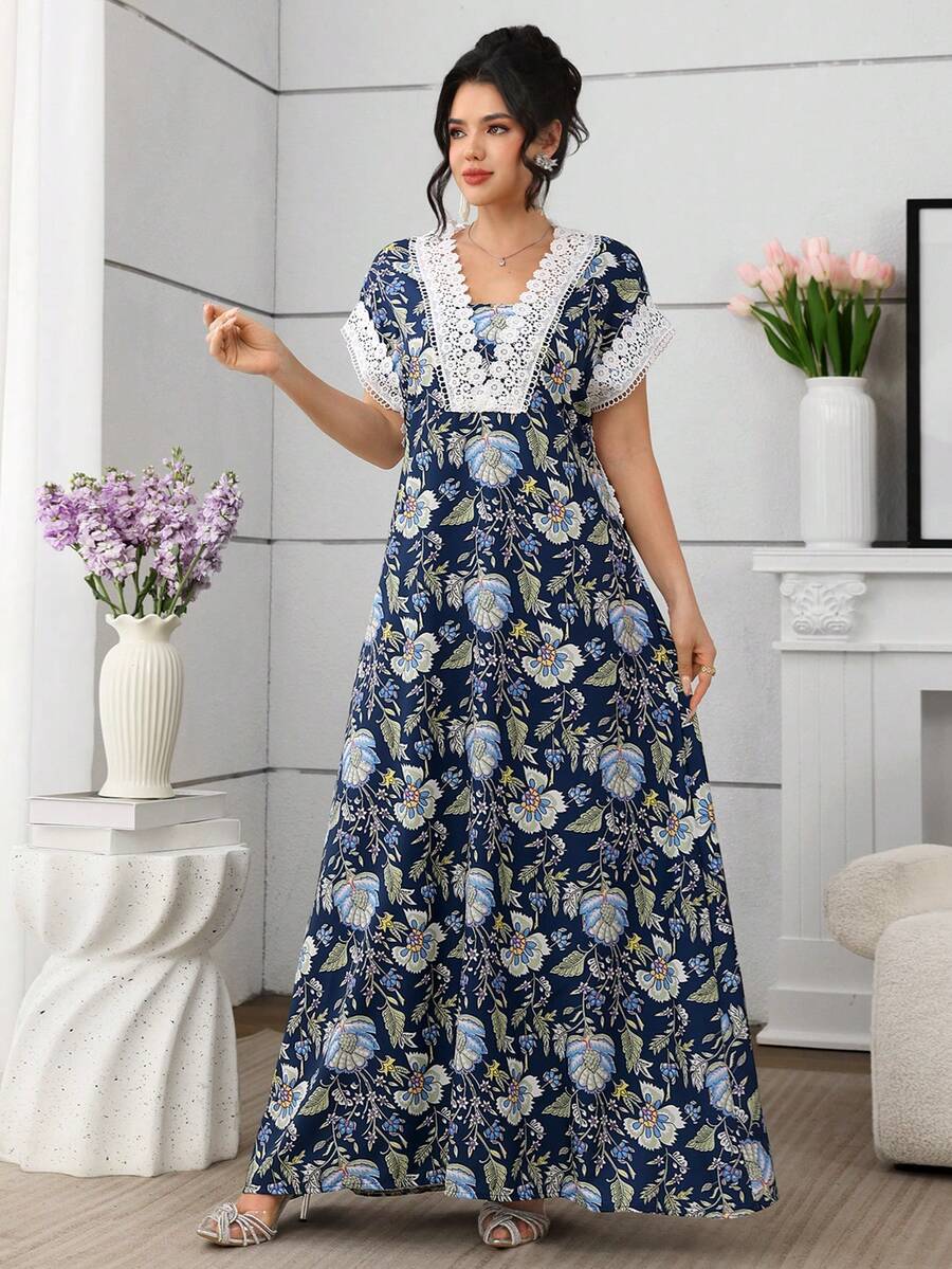 SHEIN Lacomfia فستان بأكمام طويلة بطباعة زهرية ودانتيل  بلون أزرق بحري