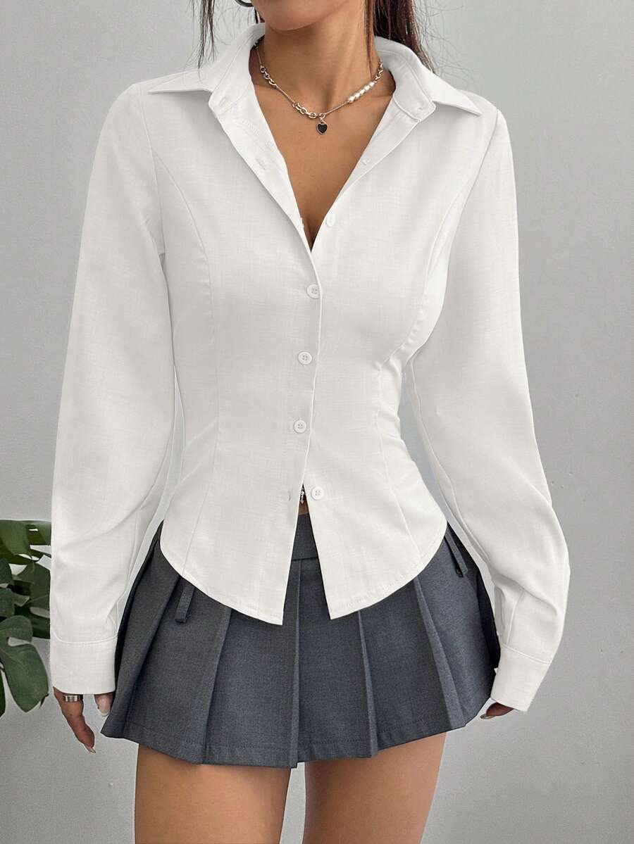 SHEIN Sweetra قميص نسائي بخصر محدد بلون أبيض كاجوال