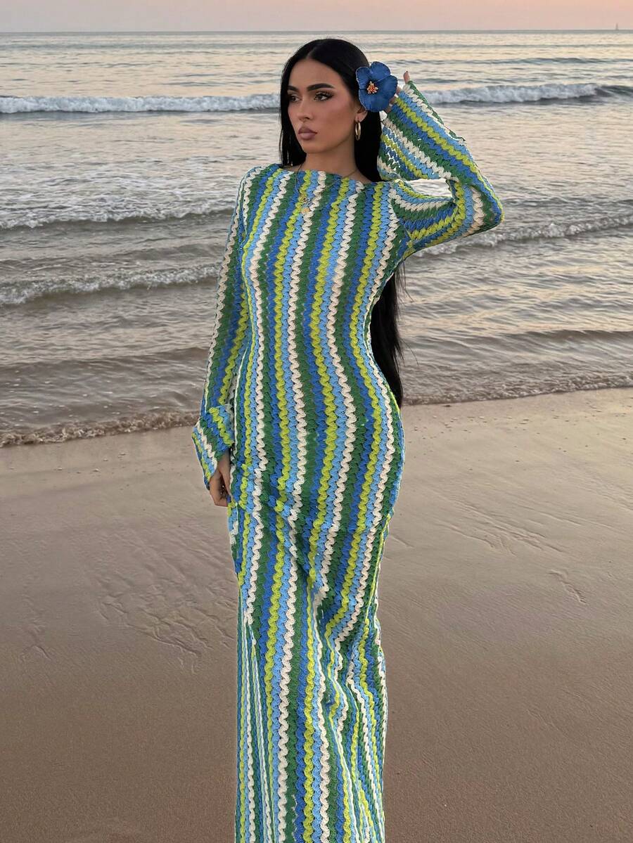 SHEIN AfricaSnchz فستان ماكسي محبوك مخطط مكشكش ستايل بوهو وشاطئي
