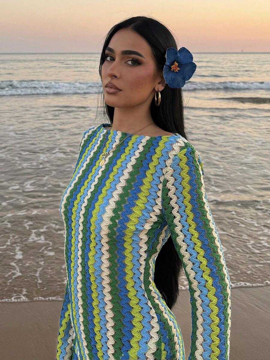 SHEIN AfricaSnchz فستان ماكسي محبوك مخطط مكشكش ستايل بوهو وشاطئي