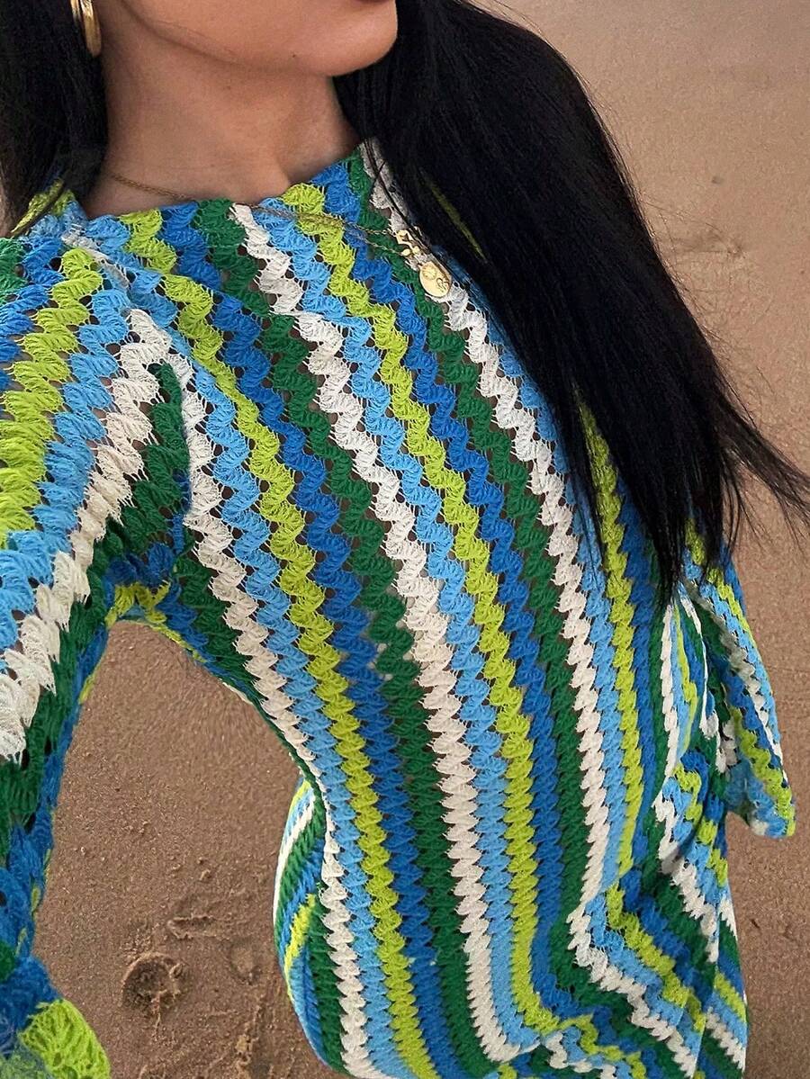 SHEIN AfricaSnchz فستان ماكسي محبوك مخطط مكشكش ستايل بوهو وشاطئي