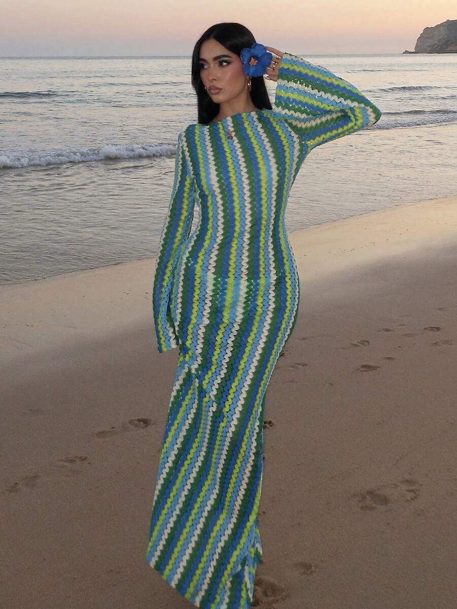 SHEIN AfricaSnchz فستان ماكسي محبوك مخطط مكشكش ستايل بوهو وشاطئي