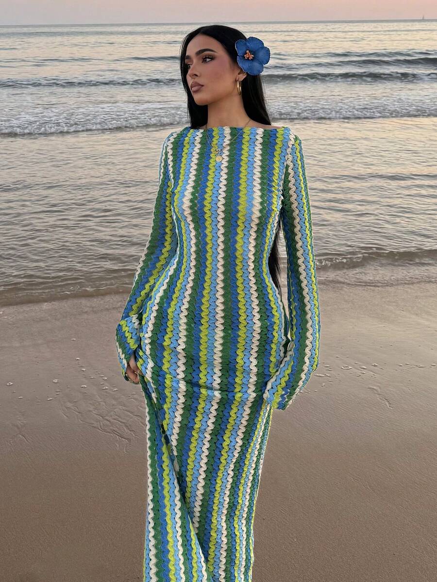 SHEIN AfricaSnchz فستان ماكسي محبوك مخطط مكشكش ستايل بوهو وشاطئي