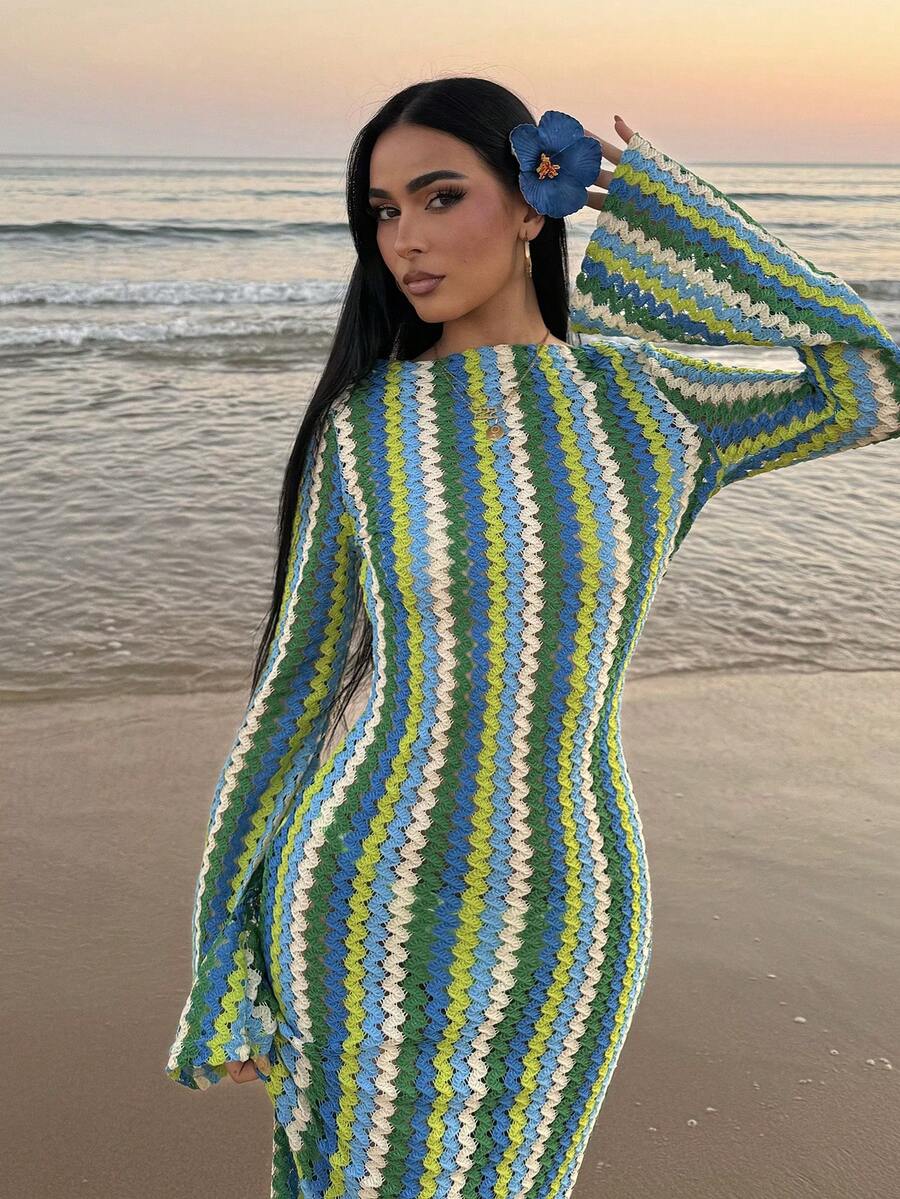 SHEIN AfricaSnchz فستان ماكسي محبوك مخطط مكشكش ستايل بوهو وشاطئي