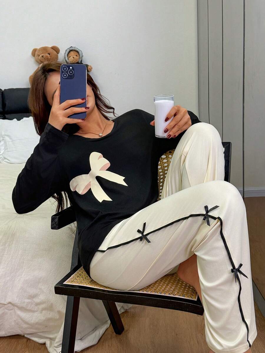 SHEIN Dream Adore بيجامة نسائية كاجوال بأكمام طويلة مطبوعة بالفيونكة