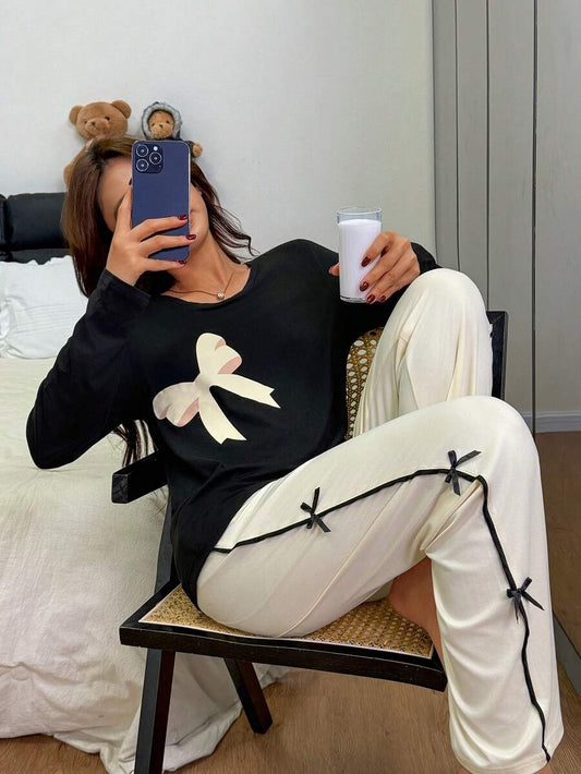 SHEIN Dream Adore بيجامة نسائية كاجوال بأكمام طويلة مطبوعة بالفيونكة