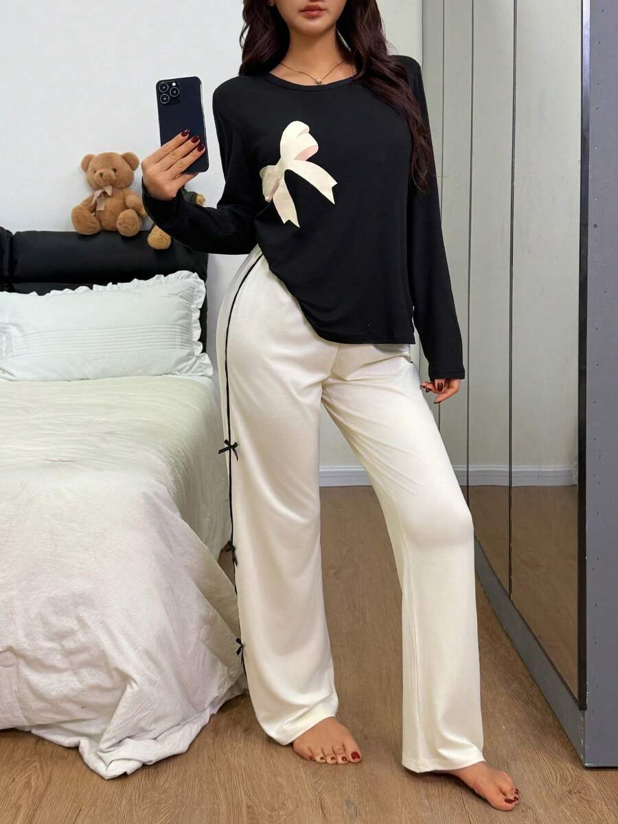 SHEIN Dream Adore بيجامة نسائية كاجوال بأكمام طويلة مطبوعة بالفيونكة