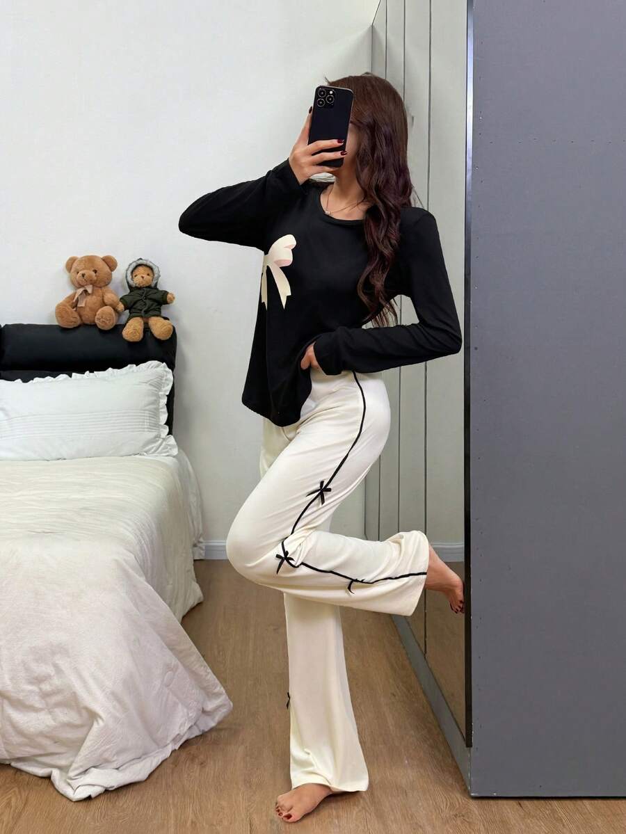 SHEIN Dream Adore بيجامة نسائية كاجوال بأكمام طويلة مطبوعة بالفيونكة