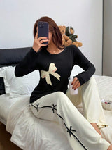 SHEIN Dream Adore طقم بيجامة قطعتين مزين بفيونكة وأكمام طويلة بلون أصفر