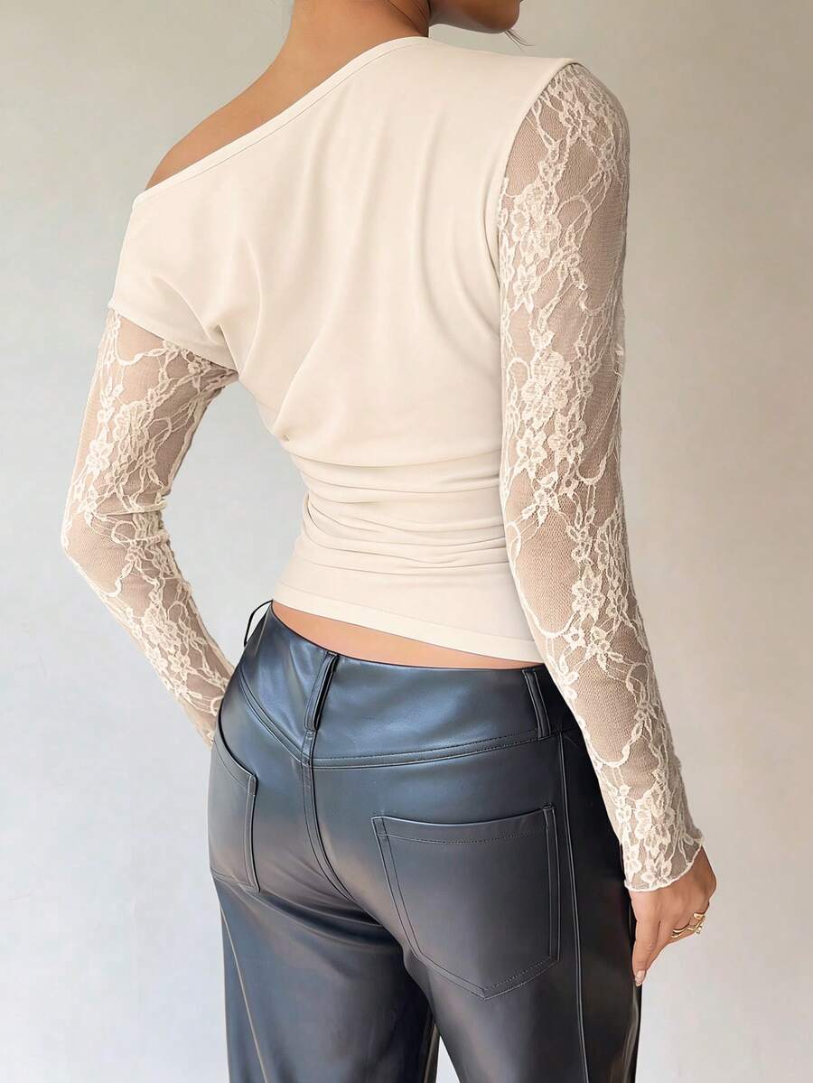 SHEIN Siren Gaze بلوزة أنيقة بياقة دانتيل بلون مشمشي