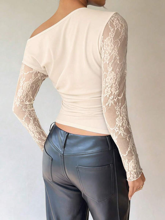 SHEIN Siren Gaze بلوزة أنيقة بياقة دانتيل بلون مشمشي