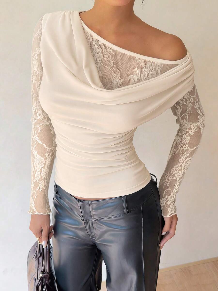 SHEIN Siren Gaze بلوزة أنيقة بياقة دانتيل بلون مشمشي