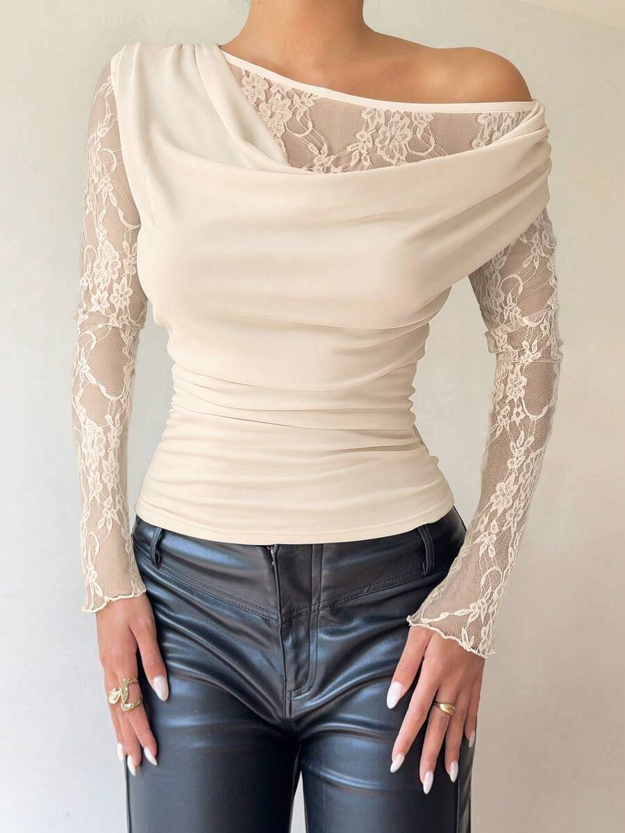 SHEIN Siren Gaze بلوزة أنيقة بياقة دانتيل بلون مشمشي