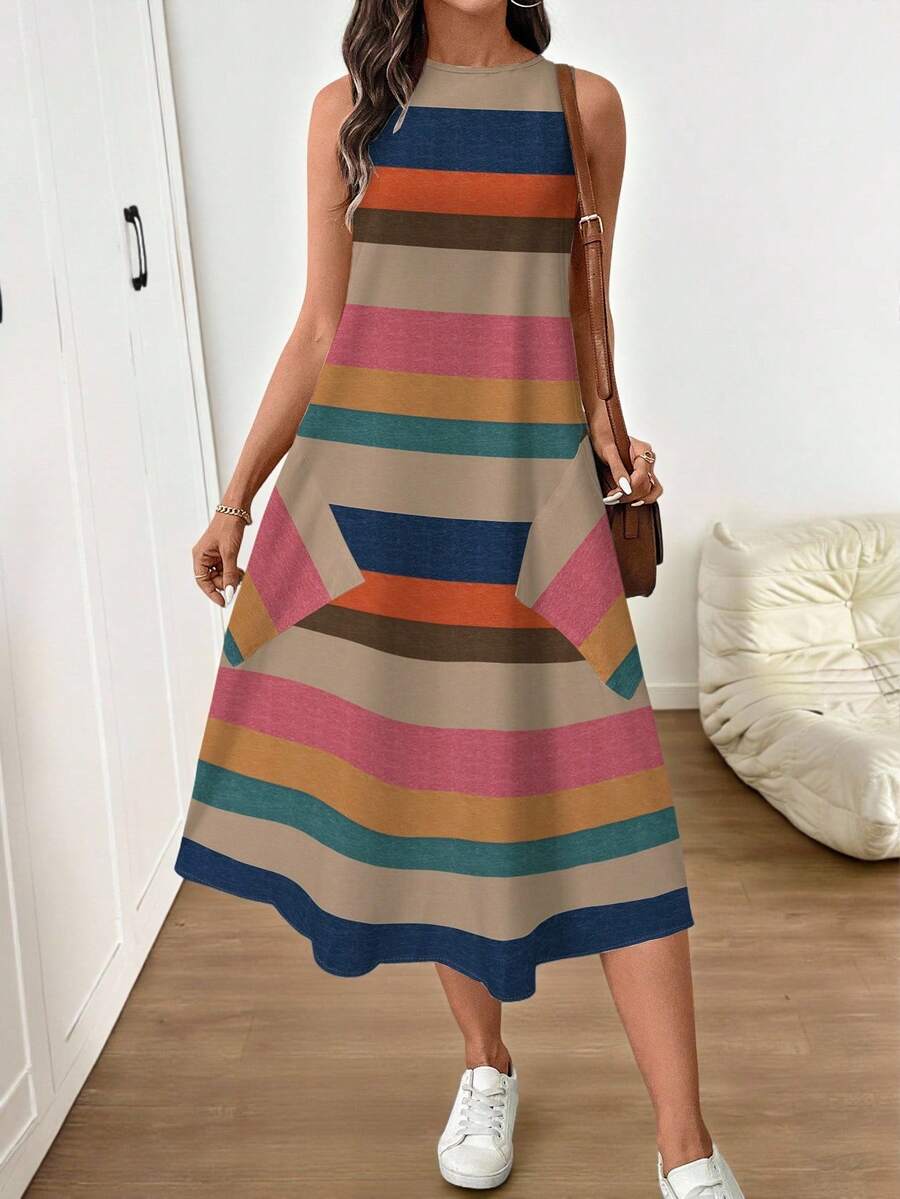 SHEIN LUNE فستان متوسط الطول مطبوع بخطوط ملونة