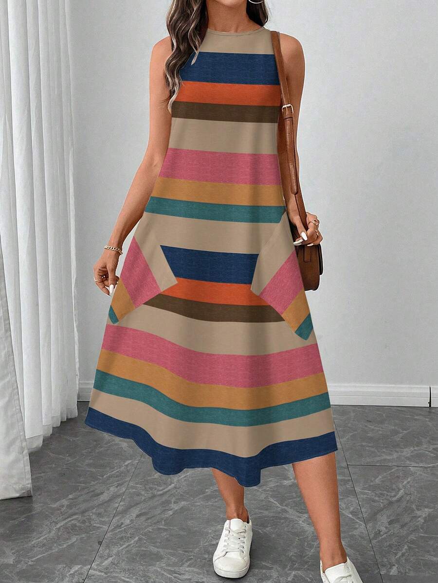 SHEIN LUNE فستان متوسط الطول مطبوع بخطوط ملونة