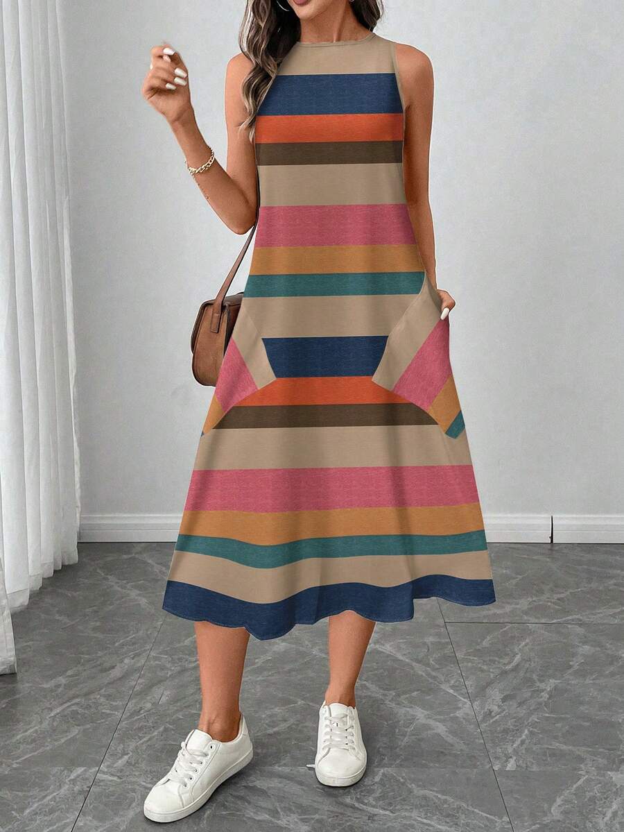 SHEIN LUNE فستان متوسط الطول مطبوع بخطوط ملونة