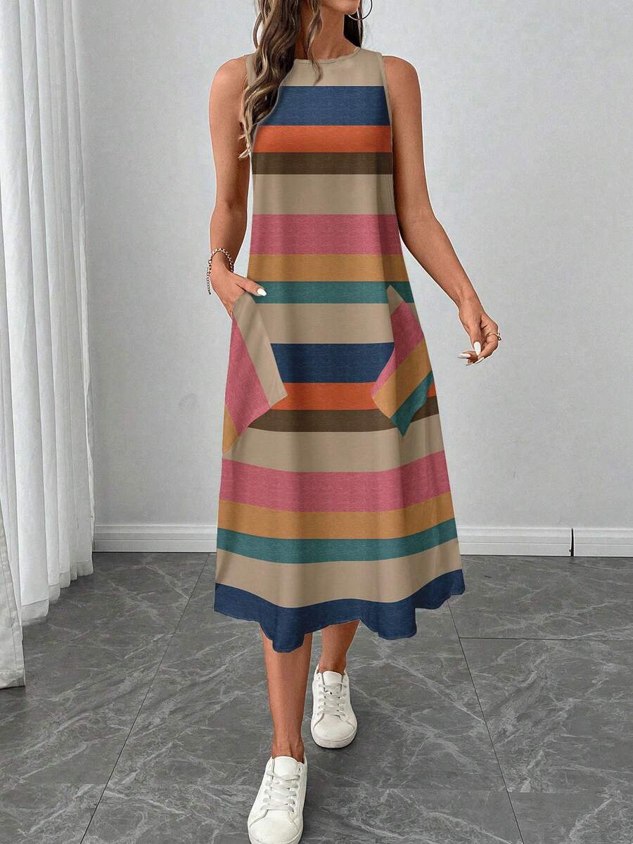 SHEIN LUNE فستان متوسط الطول مطبوع بخطوط ملونة
