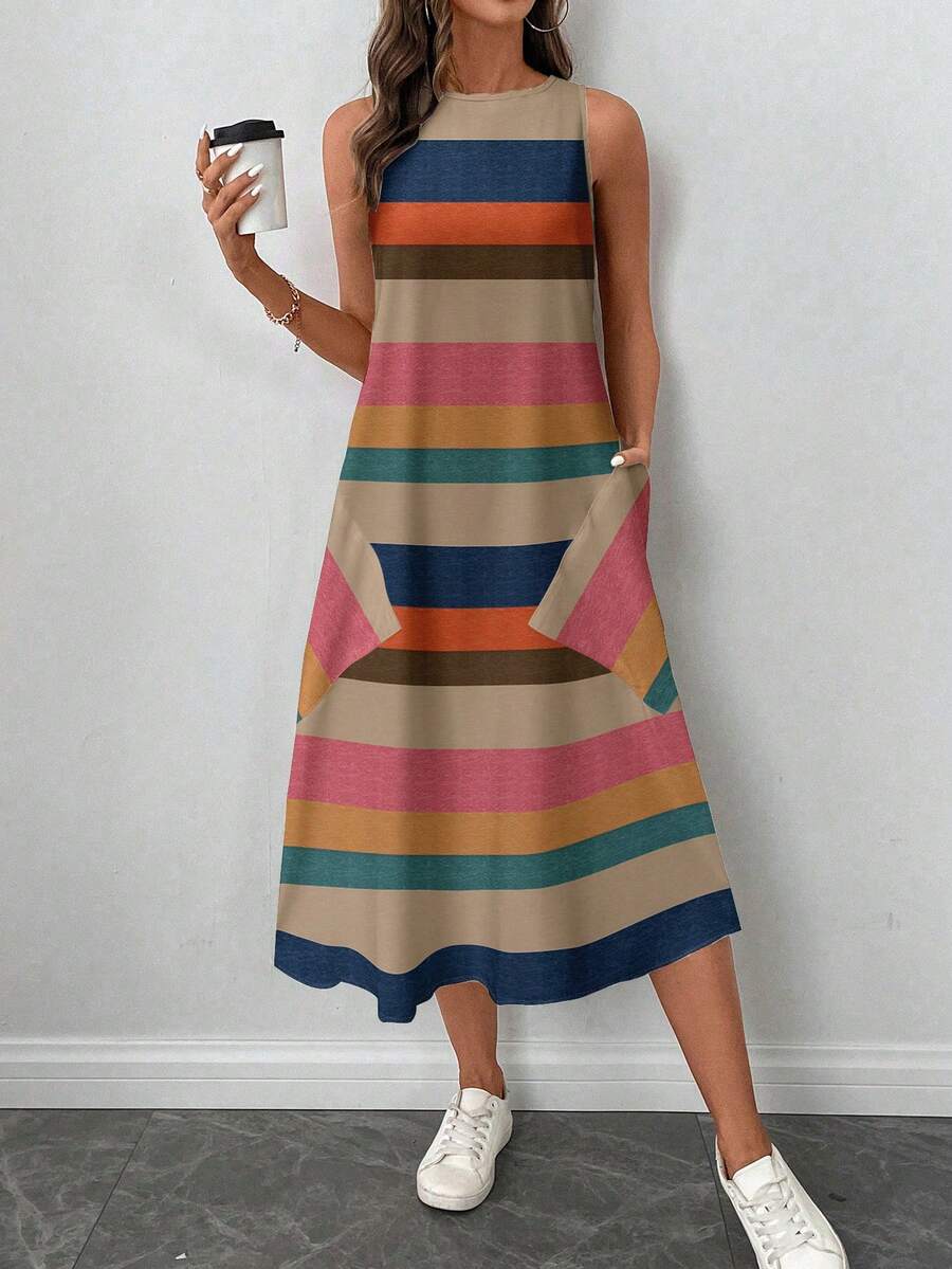 SHEIN LUNE فستان متوسط الطول مطبوع بخطوط ملونة