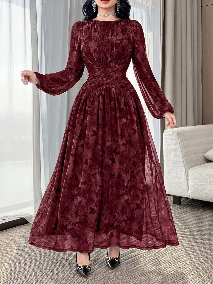 SHEIN فستان عنابي أنيق مكشكش الخصر مناسب للقوام الممشوق