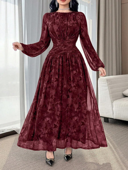 SHEIN فستان عنابي أنيق مكشكش الخصر مناسب للقوام الممشوق