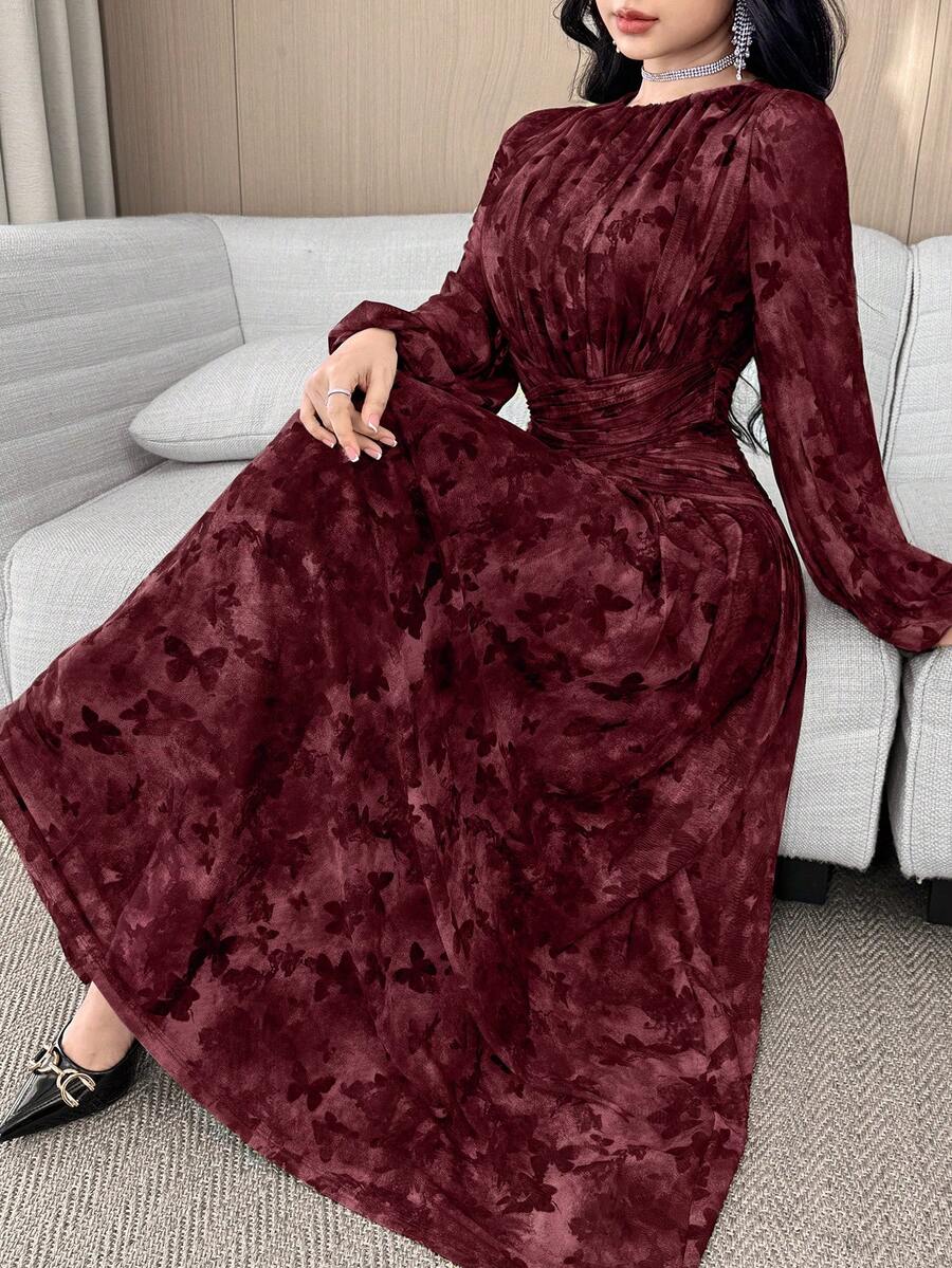 SHEIN فستان عنابي أنيق مكشكش الخصر مناسب للقوام الممشوق
