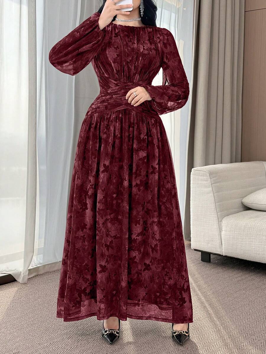 SHEIN فستان عنابي أنيق مكشكش الخصر مناسب للقوام الممشوق