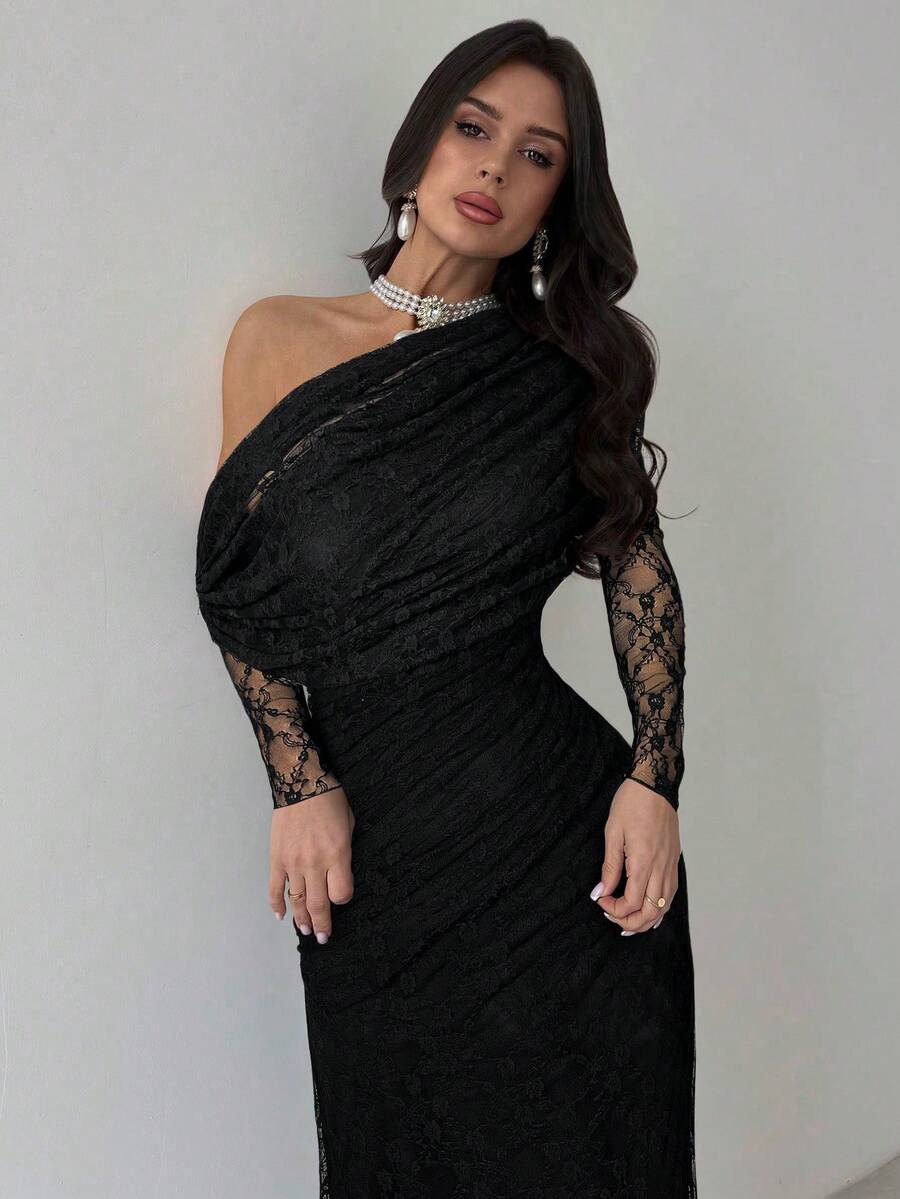 SHEIN فستان أسود بأكمام طويلة وكتف غير متماثل وخصر مطوي بالدانتيل