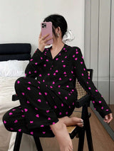 SHEIN Dream Adore طقم بيجامة قطعتين بطبعة قلوب وتصميم مجعد
