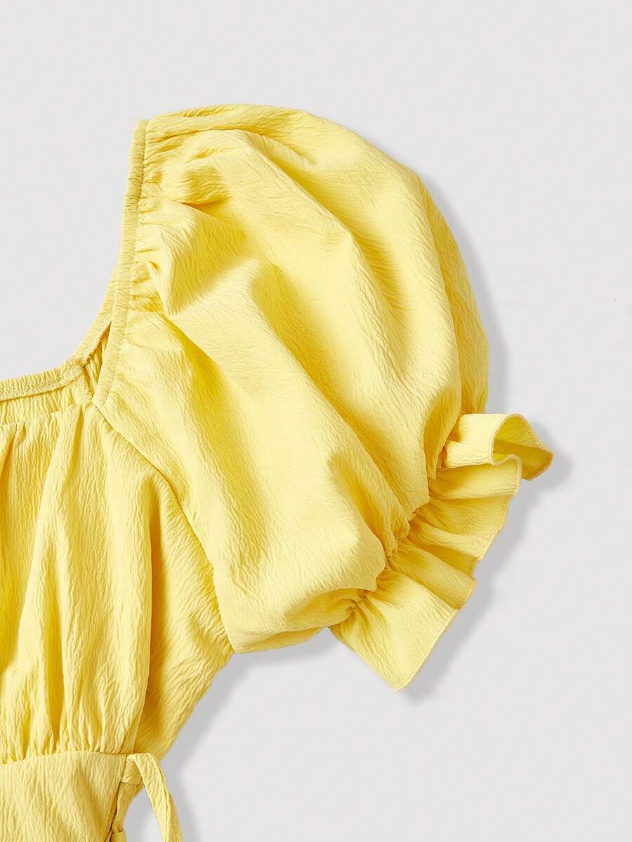 SHEIN MOD فستان أصفر متوسط الطول بأكمام منتفخة وربطة خصر