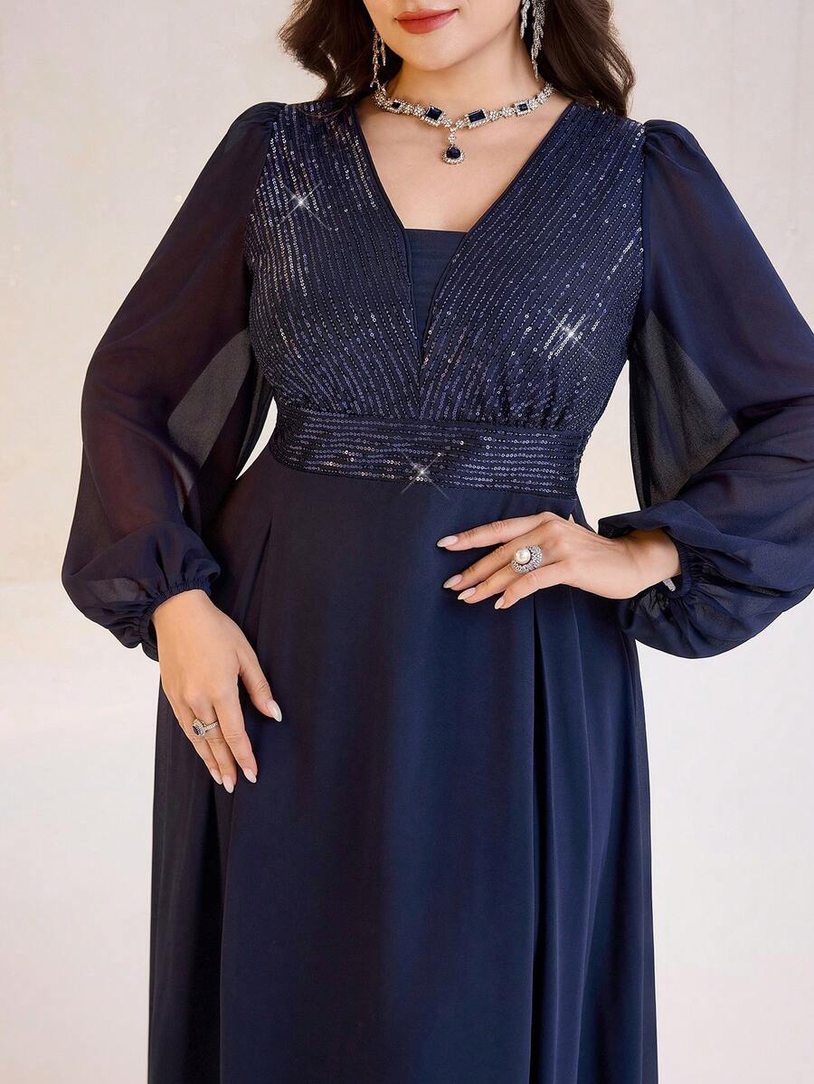 SHEIN Modelyn فستان حفلات مطرز بالترتر بأكمام فانوس وخصر محدد