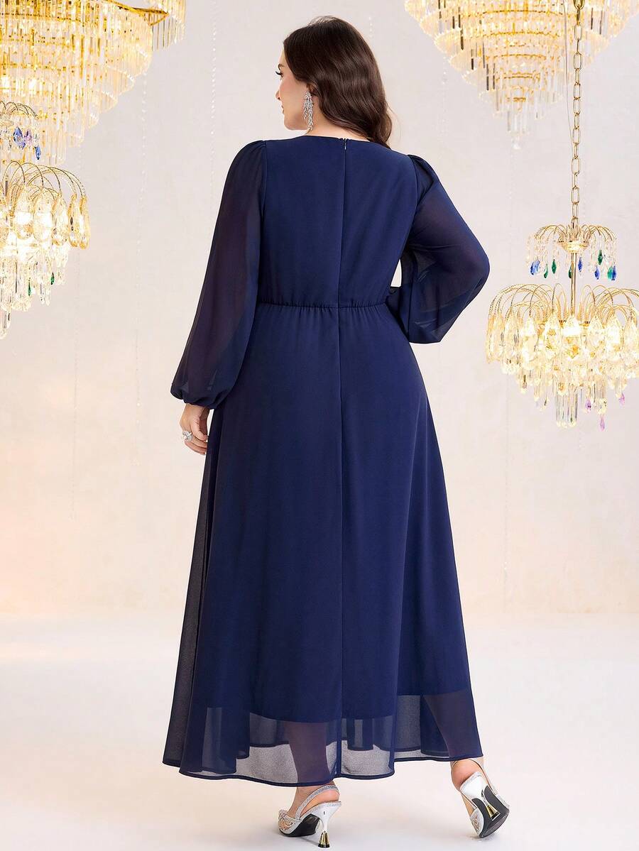 SHEIN Modelyn فستان حفلات مطرز بالترتر بأكمام فانوس وخصر محدد