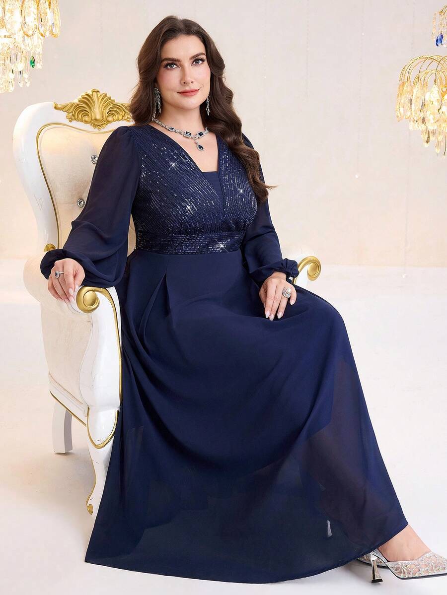 SHEIN Modelyn فستان حفلات مطرز بالترتر بأكمام فانوس وخصر محدد