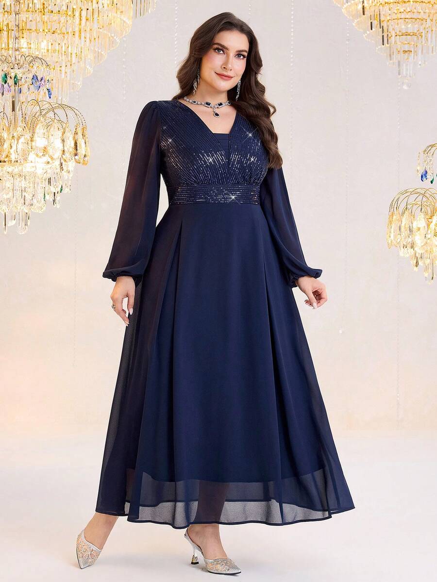 SHEIN Modelyn فستان حفلات مطرز بالترتر بأكمام فانوس وخصر محدد