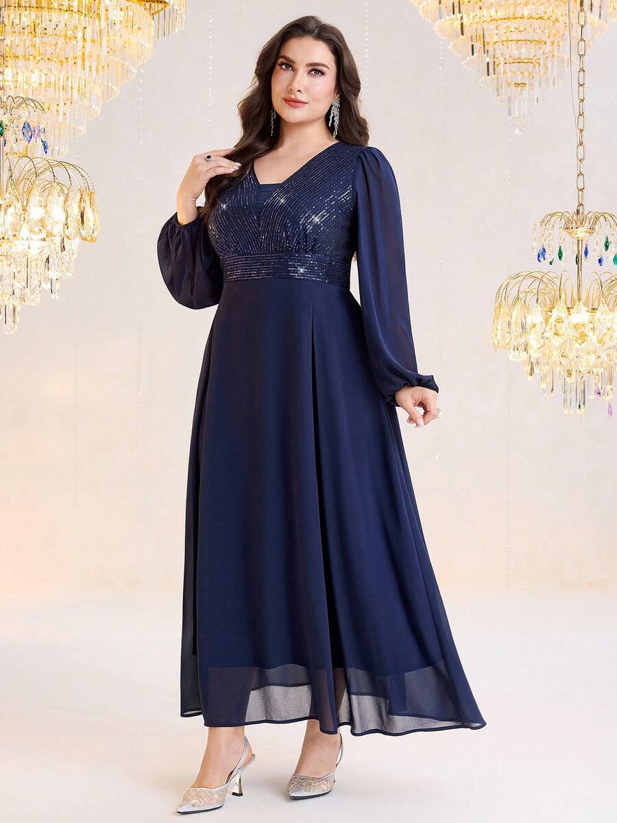 SHEIN Modelyn فستان حفلات مطرز بالترتر بأكمام فانوس وخصر محدد