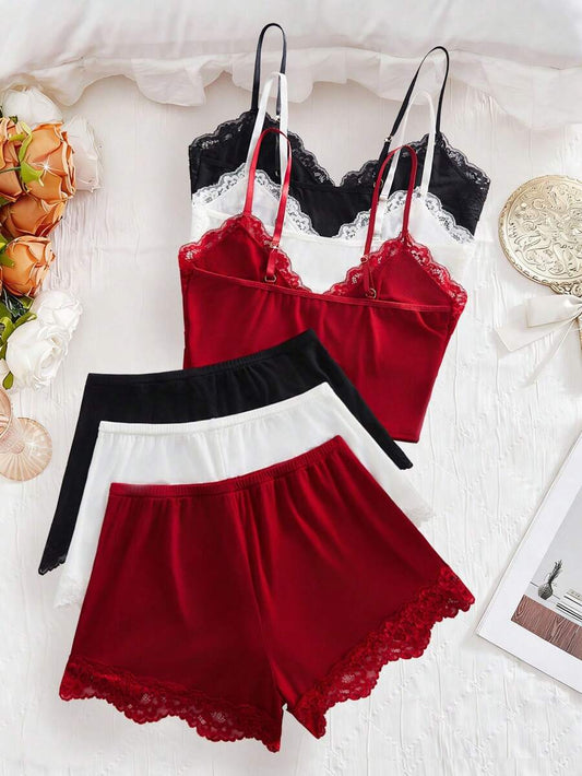SHEIN طقم لانجري 6 قطع قميص قابل للتعديل وشورت مزين بالدانتيل