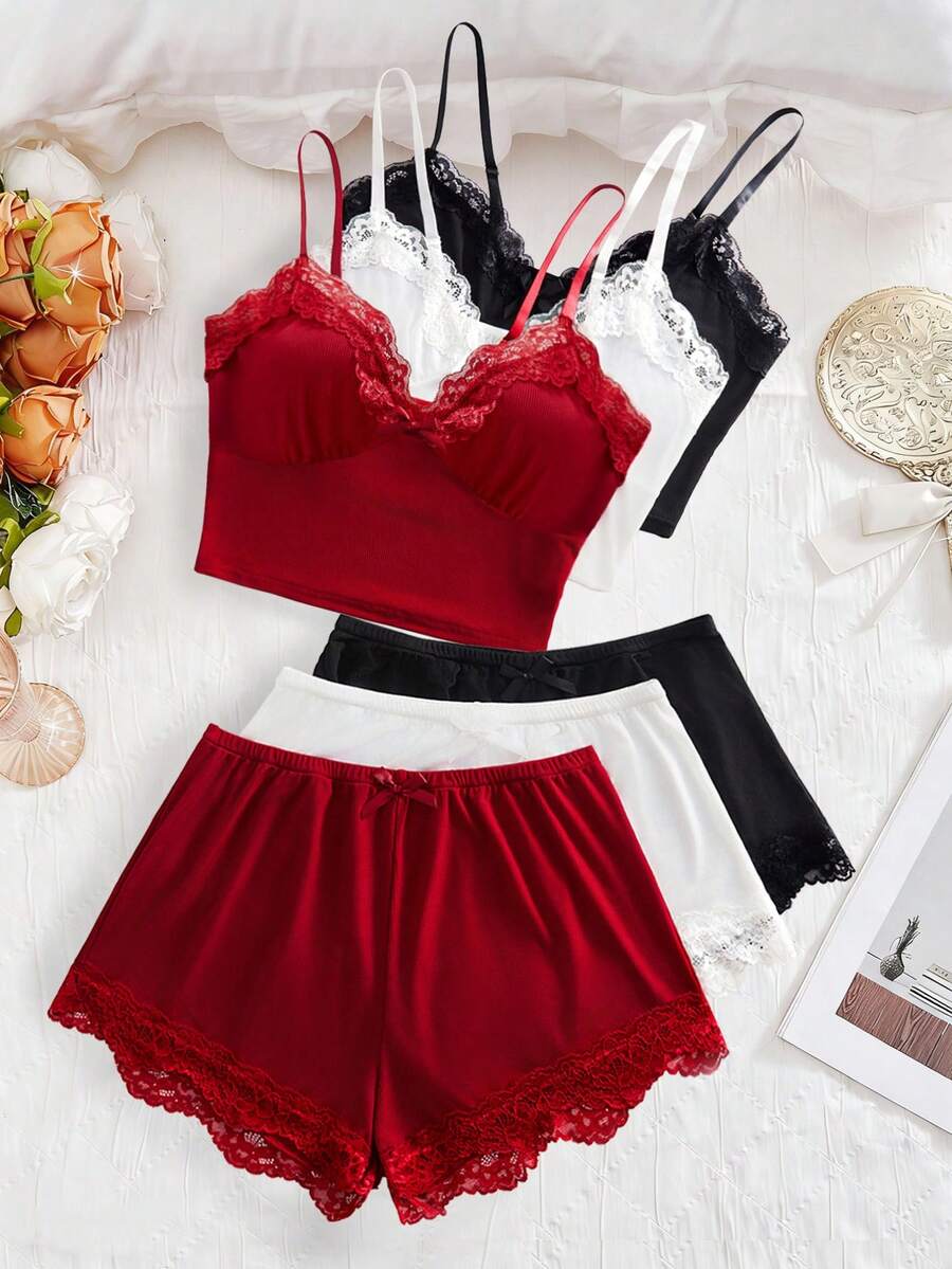 SHEIN طقم لانجري 6 قطع قميص قابل للتعديل وشورت مزين بالدانتيل