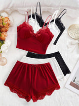 SHEIN طقم لانجري 6 قطع قميص قابل للتعديل وشورت مزين بالدانتيل