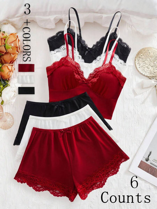 SHEIN طقم لانجري 6 قطع قميص قابل للتعديل وشورت مزين بالدانتيل